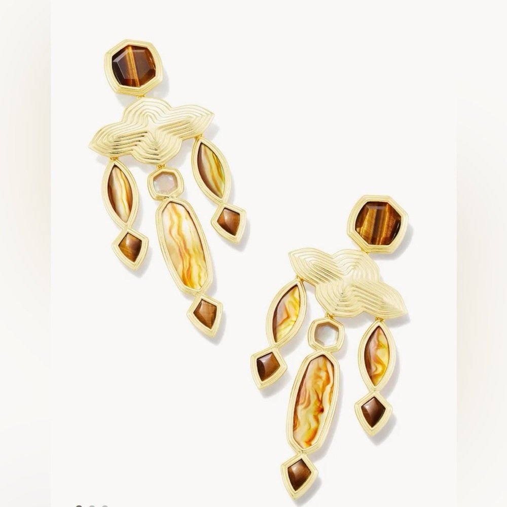 Kendra Scott Monica Statement Earrings Gold with Brown Mix Stones NWT
